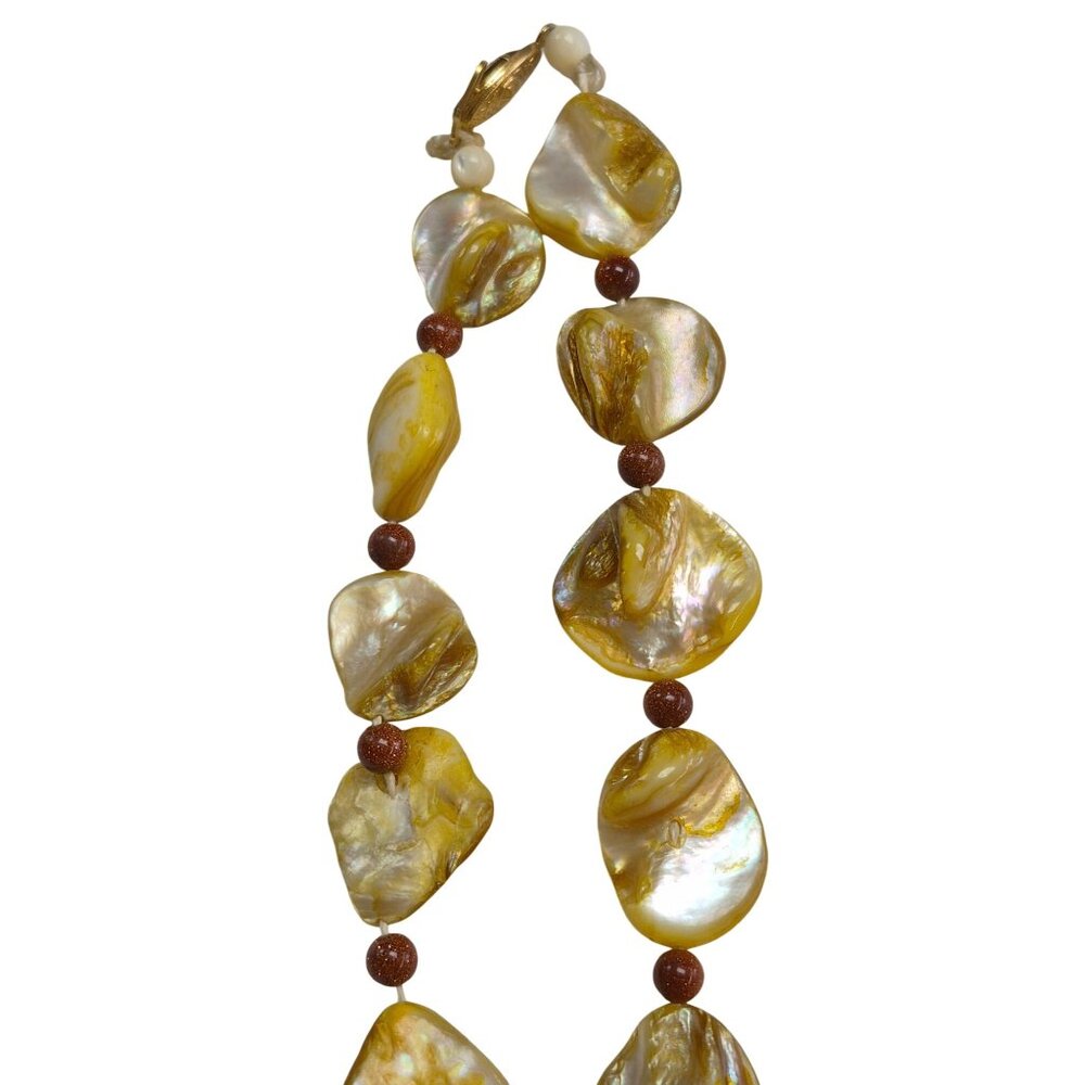 Yellow Mother of Pearl Necklace Goldstone Beads & Ornate Gold-Tone Clasp - Picture 3 of 10